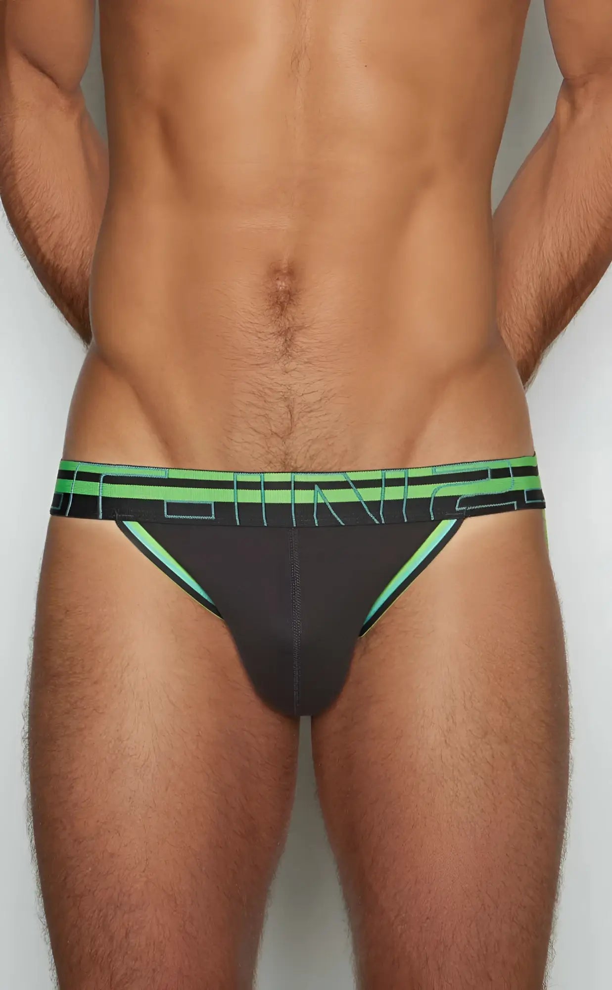 C-IN2 jockstrap 3226-080 black athletic briefs with neon green trim and bold geometric logo band shown from front