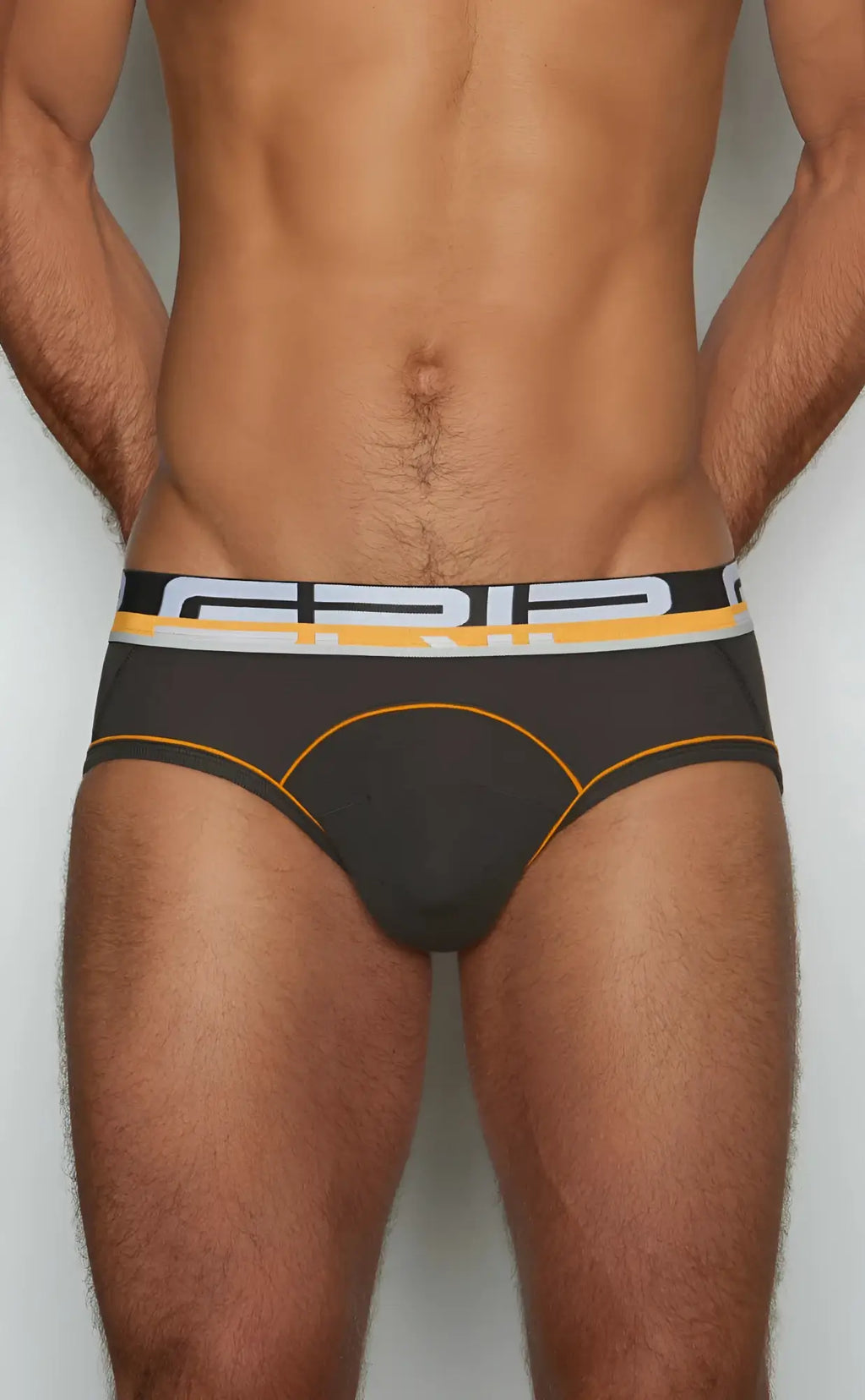 Black men’s briefs c-in2 brief 3313-068 with bold yellow and white grip logo waistband for comfortable support