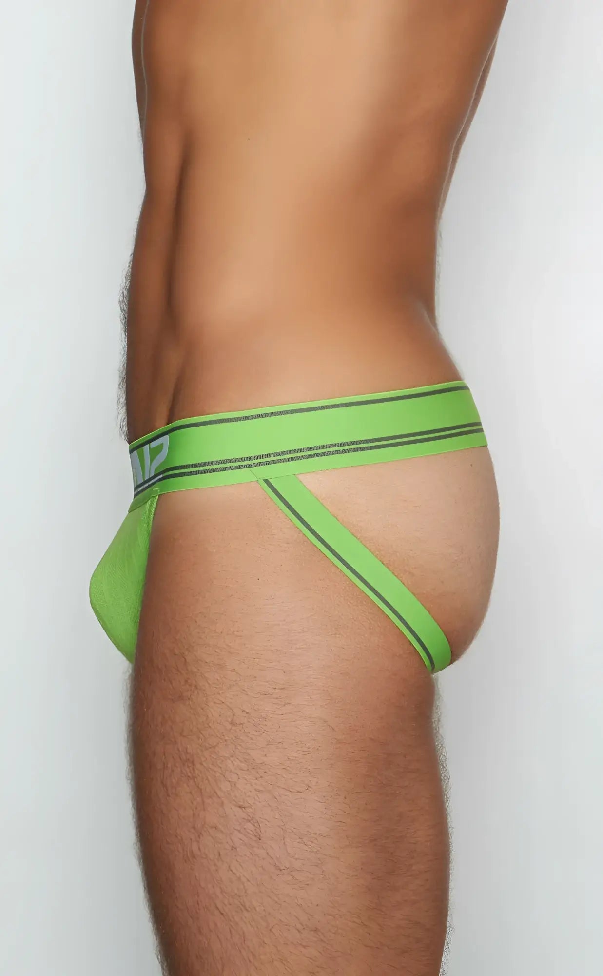 Bright lime green c- in2 jockstrap 6726 athletic briefs with black trim and subtle waistband logo