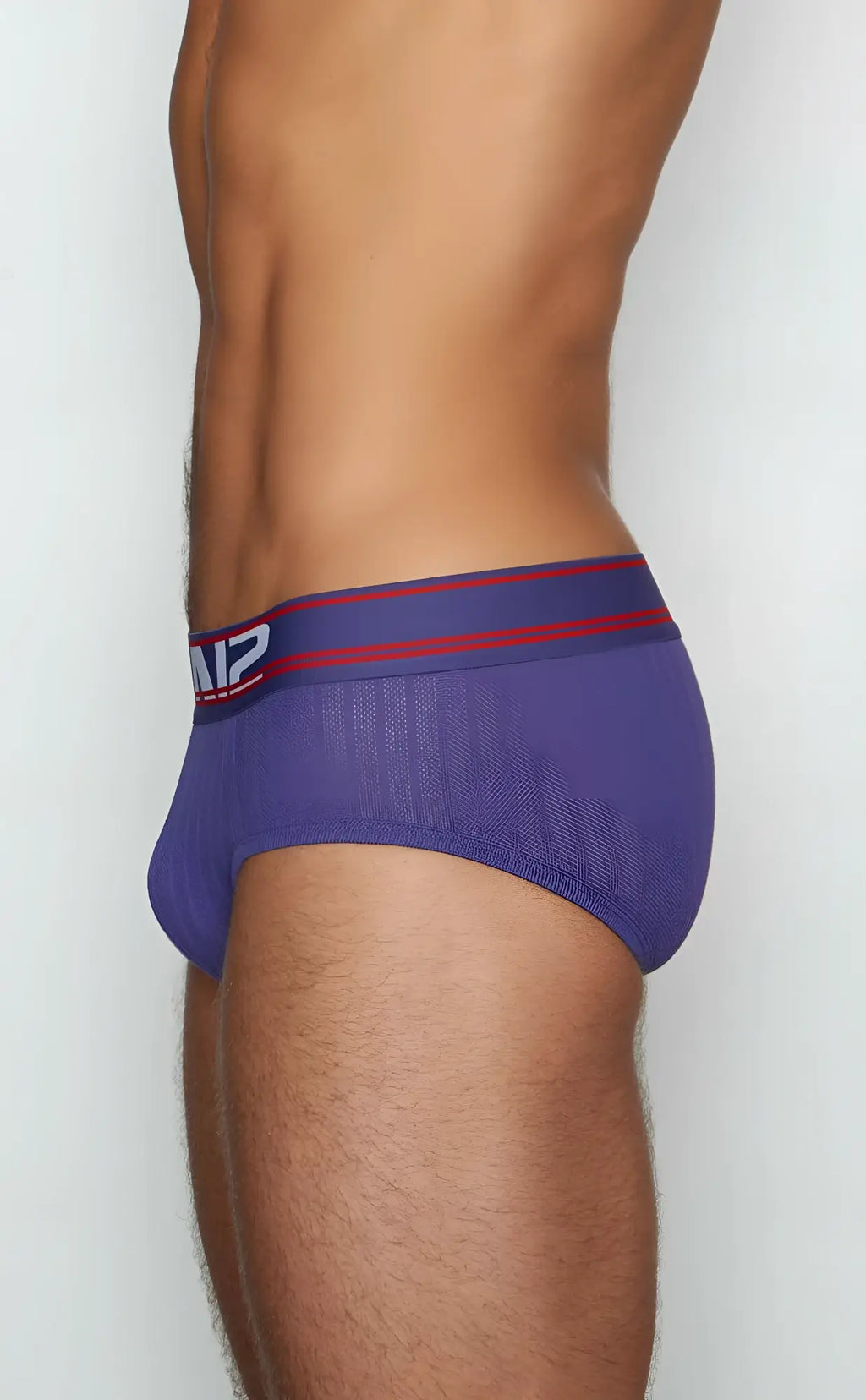 Purple c-in2 brief 6760-541 men’s underwear with navy blue waistband red stripes and mip logo in white