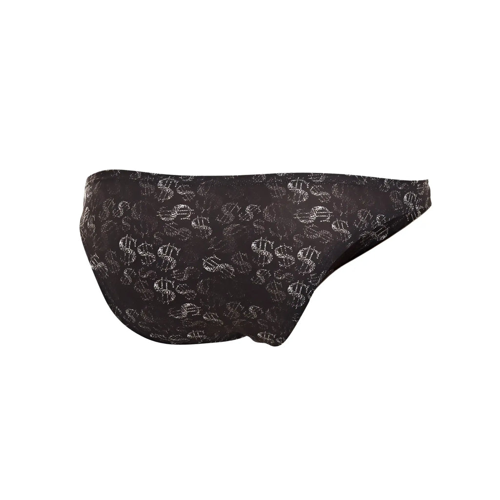 Black C4M01-Dollar bikini swim trunks with a white dollar sign pattern perfect for beachwear and swimming