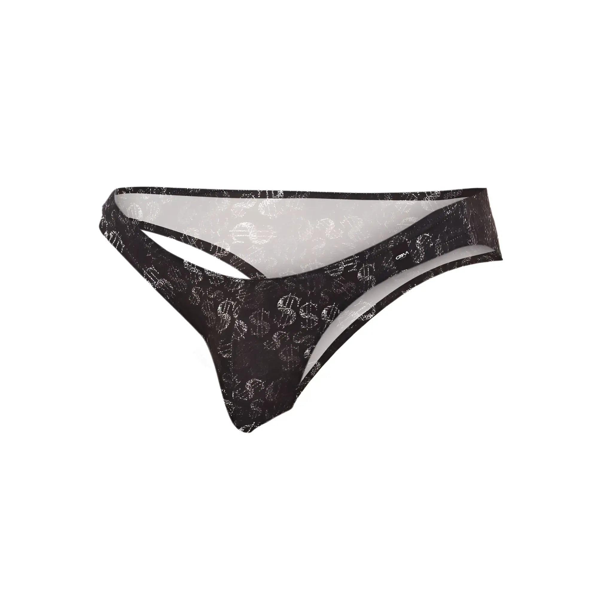 Black thong bikini with subtle white dollar sign pattern and sheer mesh detailing in c4m01-dollar bikini design