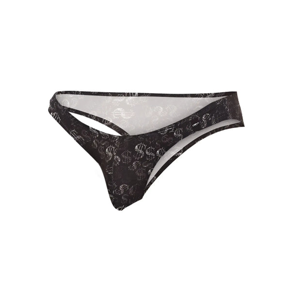 Black thong bikini with subtle white dollar sign pattern and sheer mesh detailing in c4m01-dollar bikini design