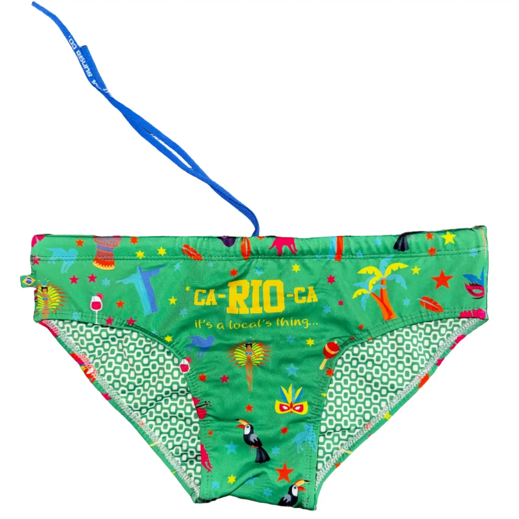 Green bikini bottom men’s swimwear with vibrant rio de janeiro carnaval 2026 pattern featuring toucans masks stars