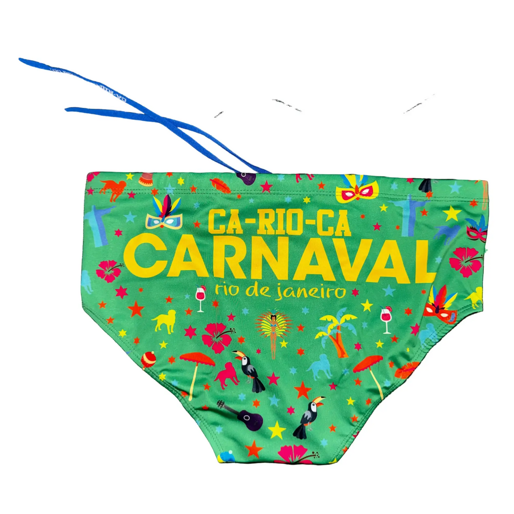 Vibrant green ca-rio-ca carnaval 2026 sunga with colorful carnival-themed prints and yellow text men’s swimwear bottom