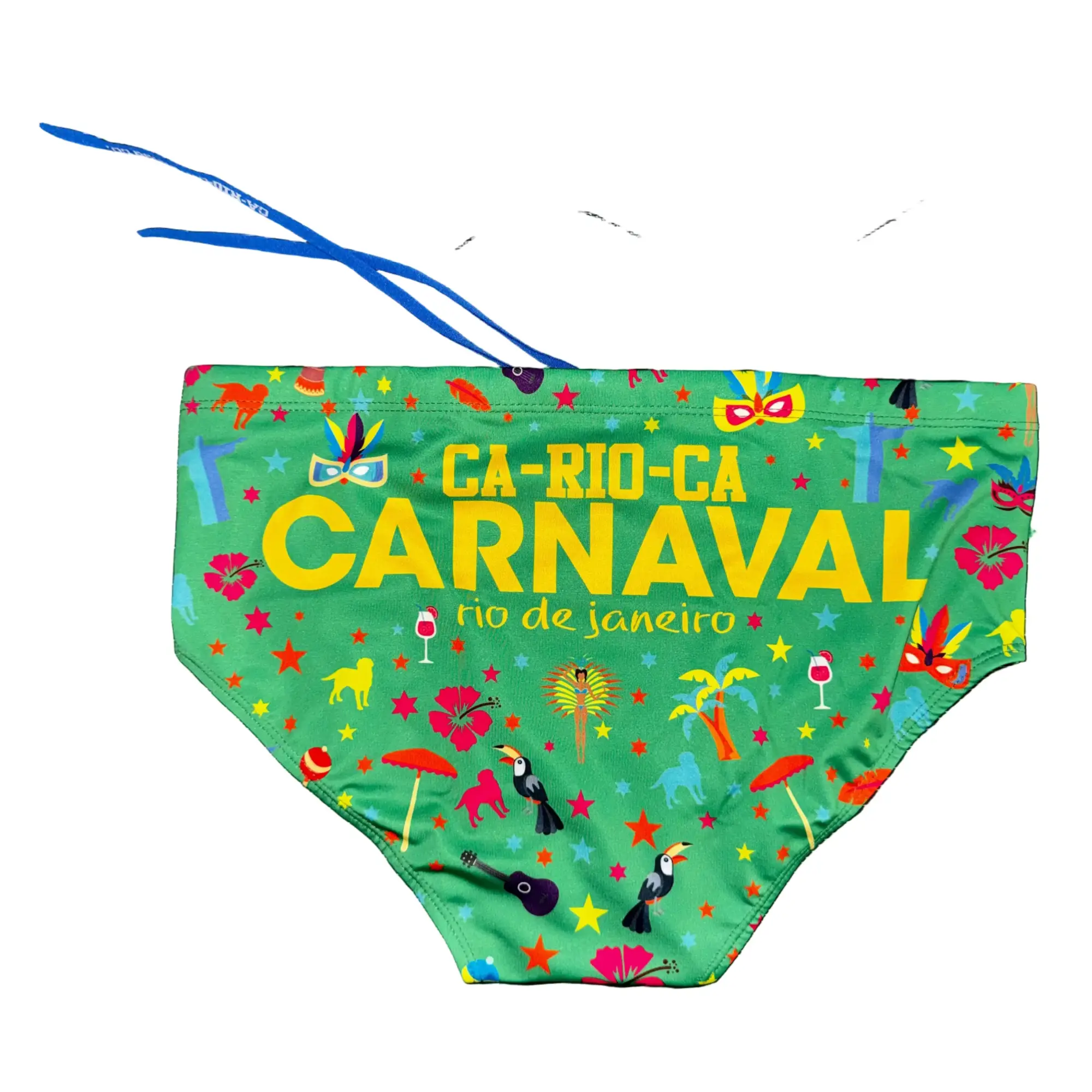 Vibrant green ca-rio-ca carnaval 2026 sunga with colorful carnival-themed prints and yellow text men’s swimwear bottom
