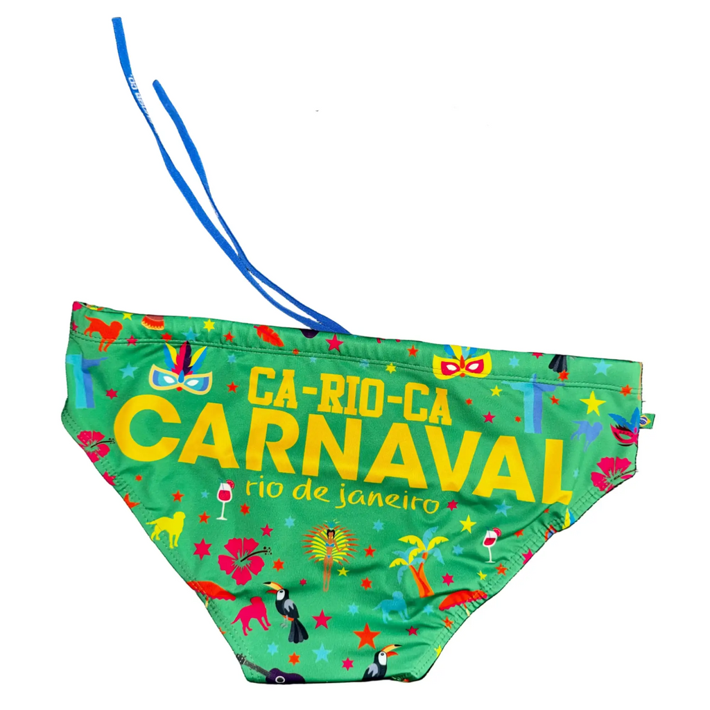 Men’s ca-rio-ca carnaval 2026 sunga in vibrant green featuring rio carnival print with yellow text and tropical masks on stretchy fabric
