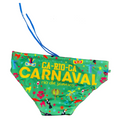 Men’s ca-rio-ca carnaval 2026 sunga in vibrant green featuring rio carnival print with yellow text and tropical masks on stretchy fabric