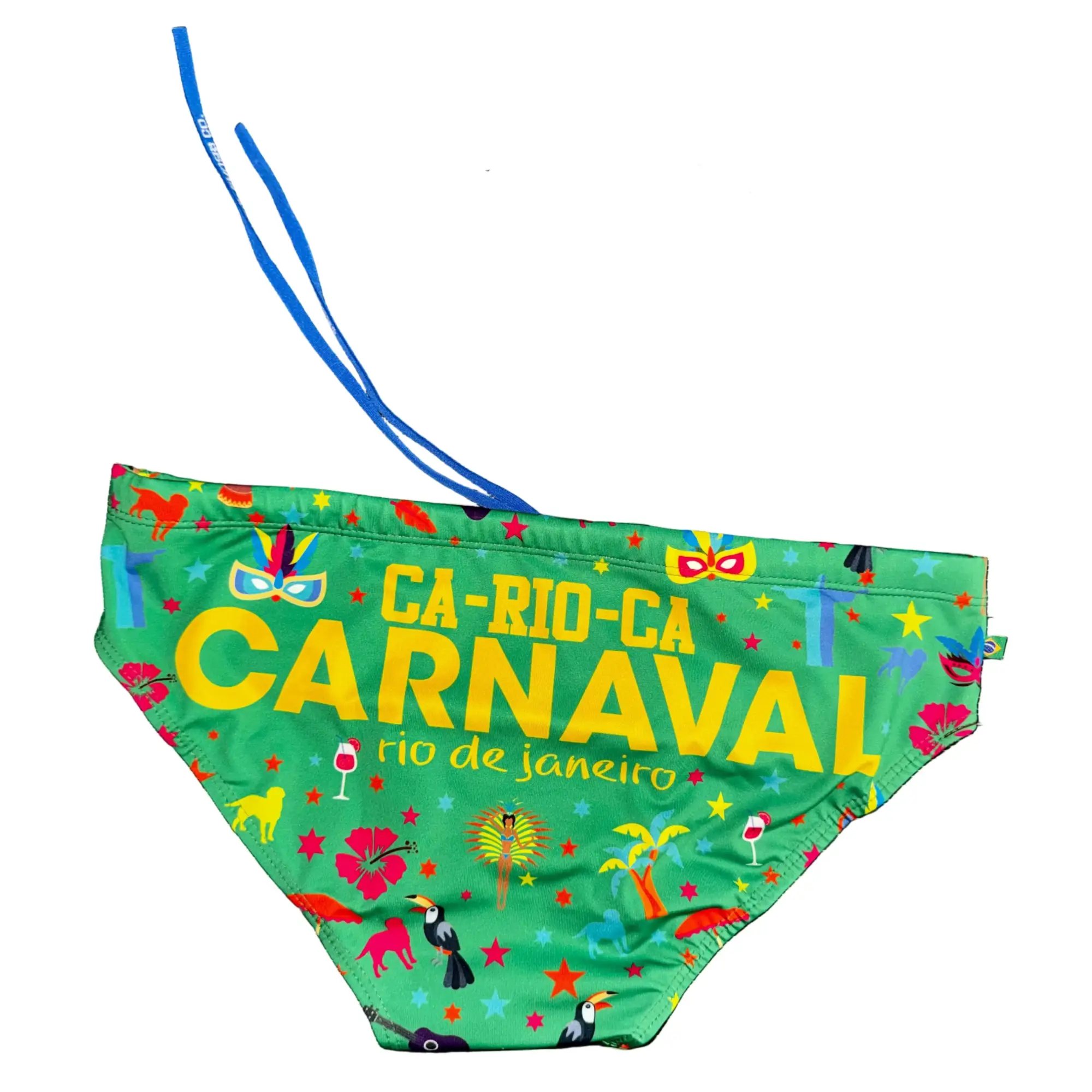 Men’s ca-rio-ca carnaval 2026 sunga in vibrant green featuring rio carnival print with yellow text and tropical masks on stretchy fabric
