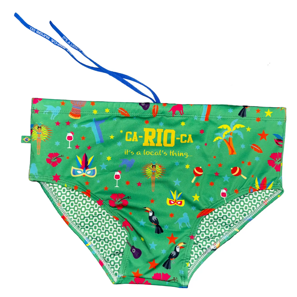 Men’s designer swimwear ca-rio-ca carnaval 2026 sunga vibrant green rio-themed trunks with tropical patterns and yellow text