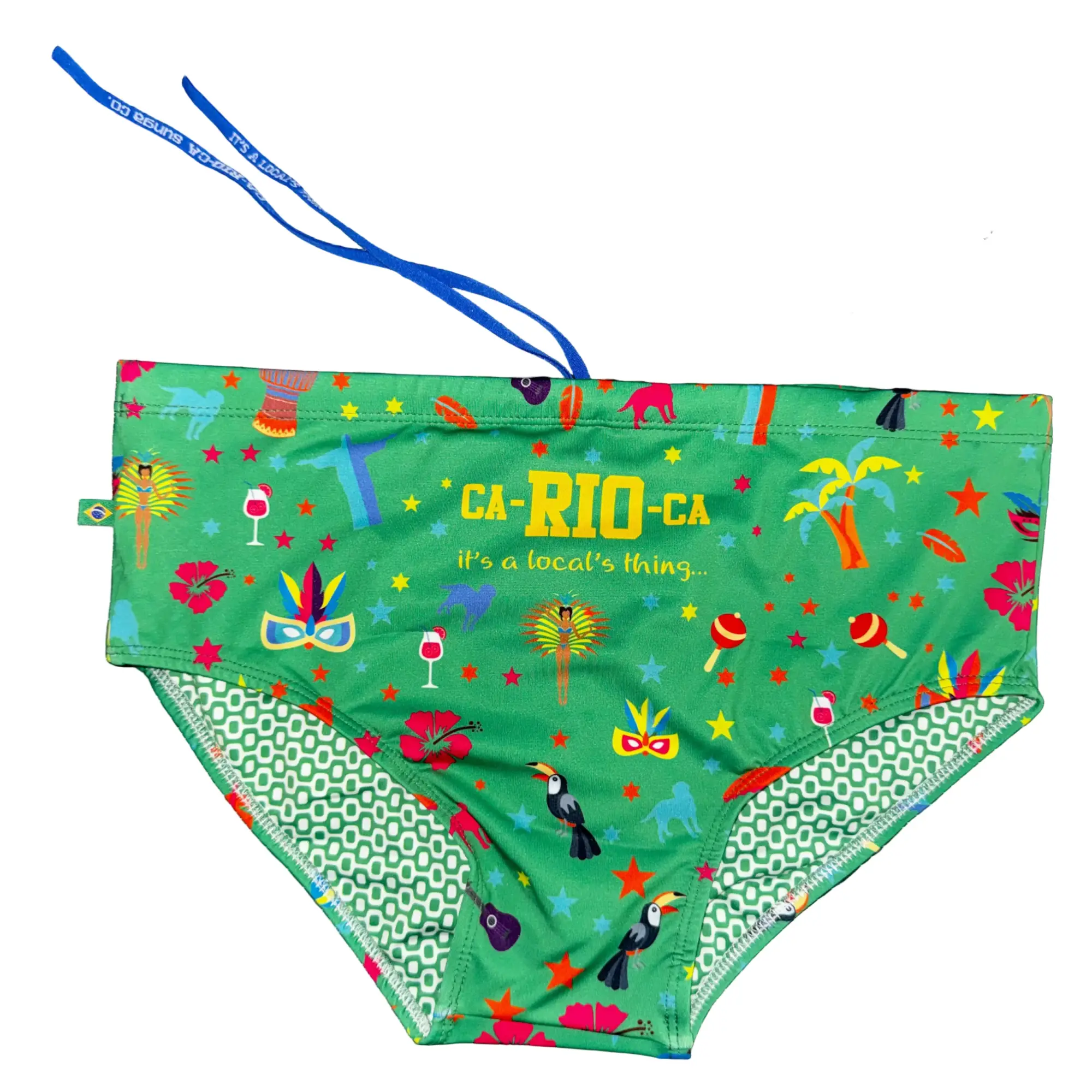 Men’s designer swimwear ca-rio-ca carnaval 2026 sunga vibrant green rio-themed trunks with tropical patterns and yellow text