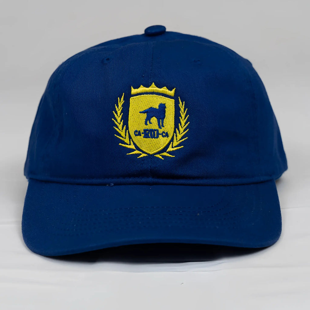 Navy blue CA-RIO-CA designer dad hat with yellow embroidered dog shield and laurel wreath logo for men
