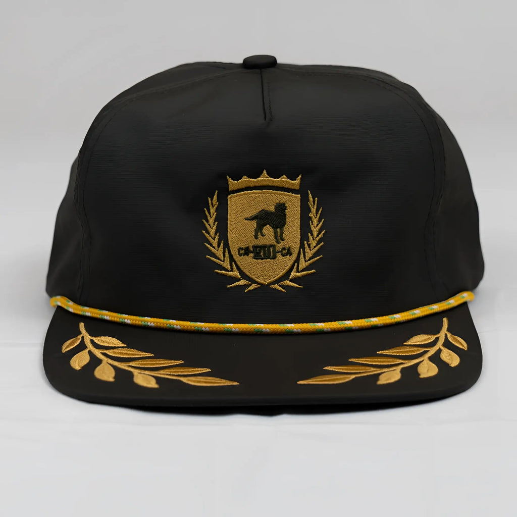 Black unstructured bay leaf snapback rope hat with gold embroidered CA-RIO-CA crest featuring dog laurel wreath and crown