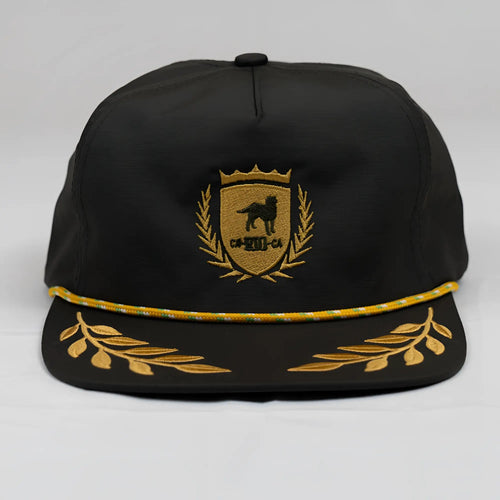 Black unstructured bay leaf snapback rope hat with gold embroidered CA-RIO-CA crest featuring dog laurel wreath and crown