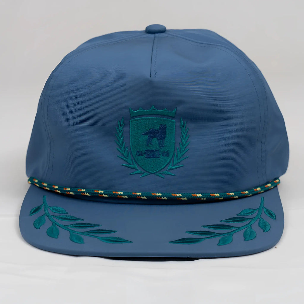 Blue CA-RIO-CA crest logo unstructured bay leaf snapback rope hat with teal embroidered crest and leafy wreath details