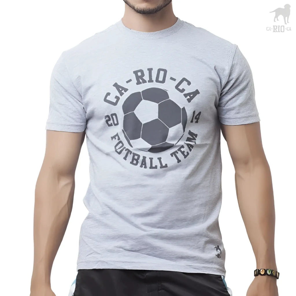 Gray heathered cotton short sleeved t shirt with black and white soccer ball and ca rio ca 2014 futbol team text design