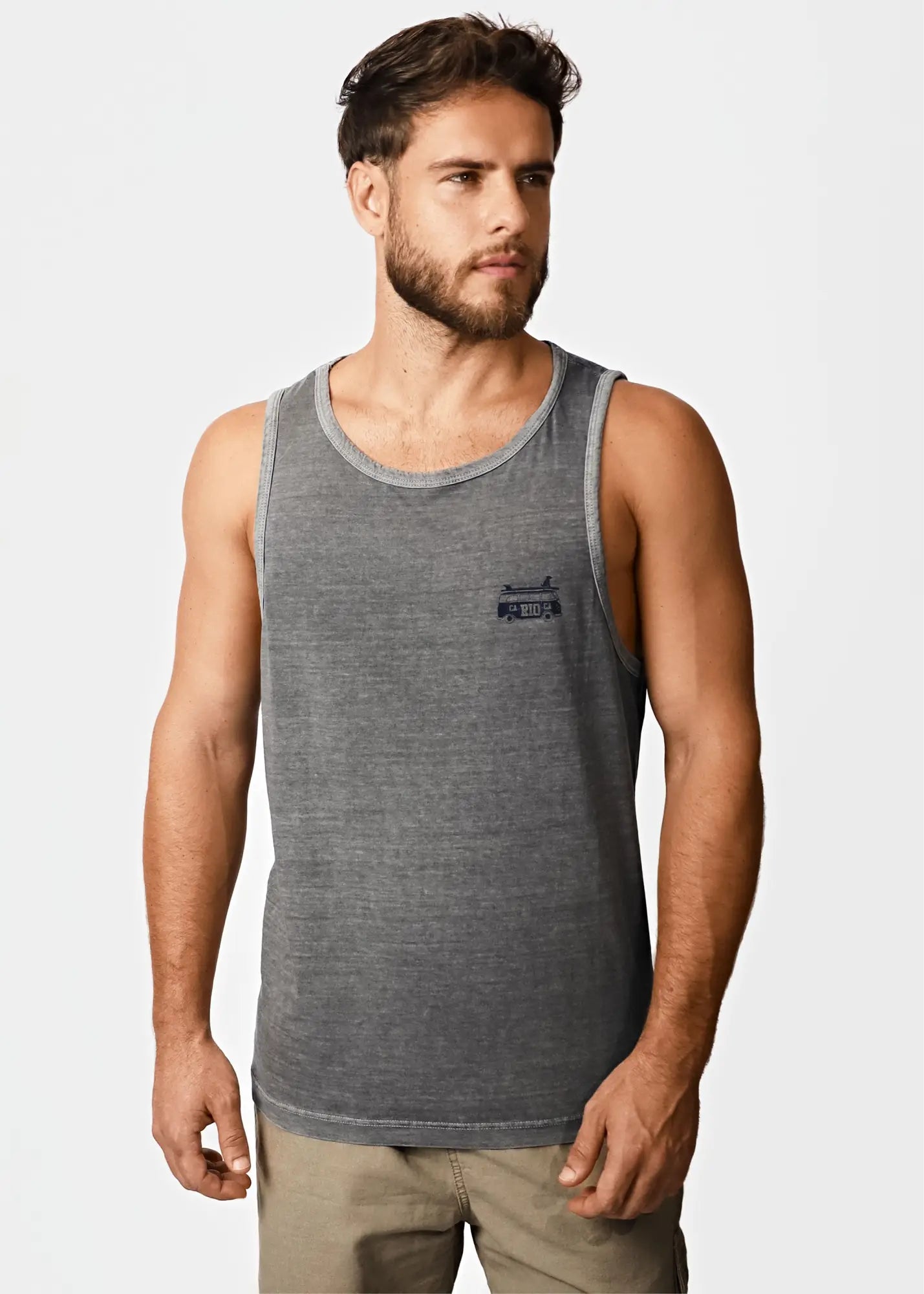 Gray heathered men’s tank top ca-rio-ca kombi with small black logo on the chest designed for casual wear