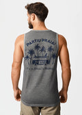 Gray heathered mens tank top with navy blue graphic of a van and palm trees ca-rio-ca kombi design