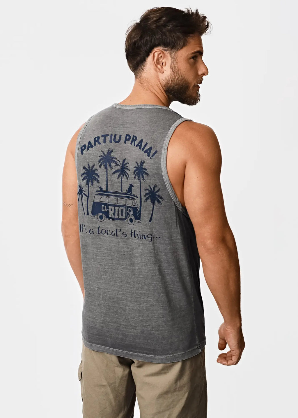 Gray heathered sleeveless tank top for men with navy palm tree and vintage van rio graphic design