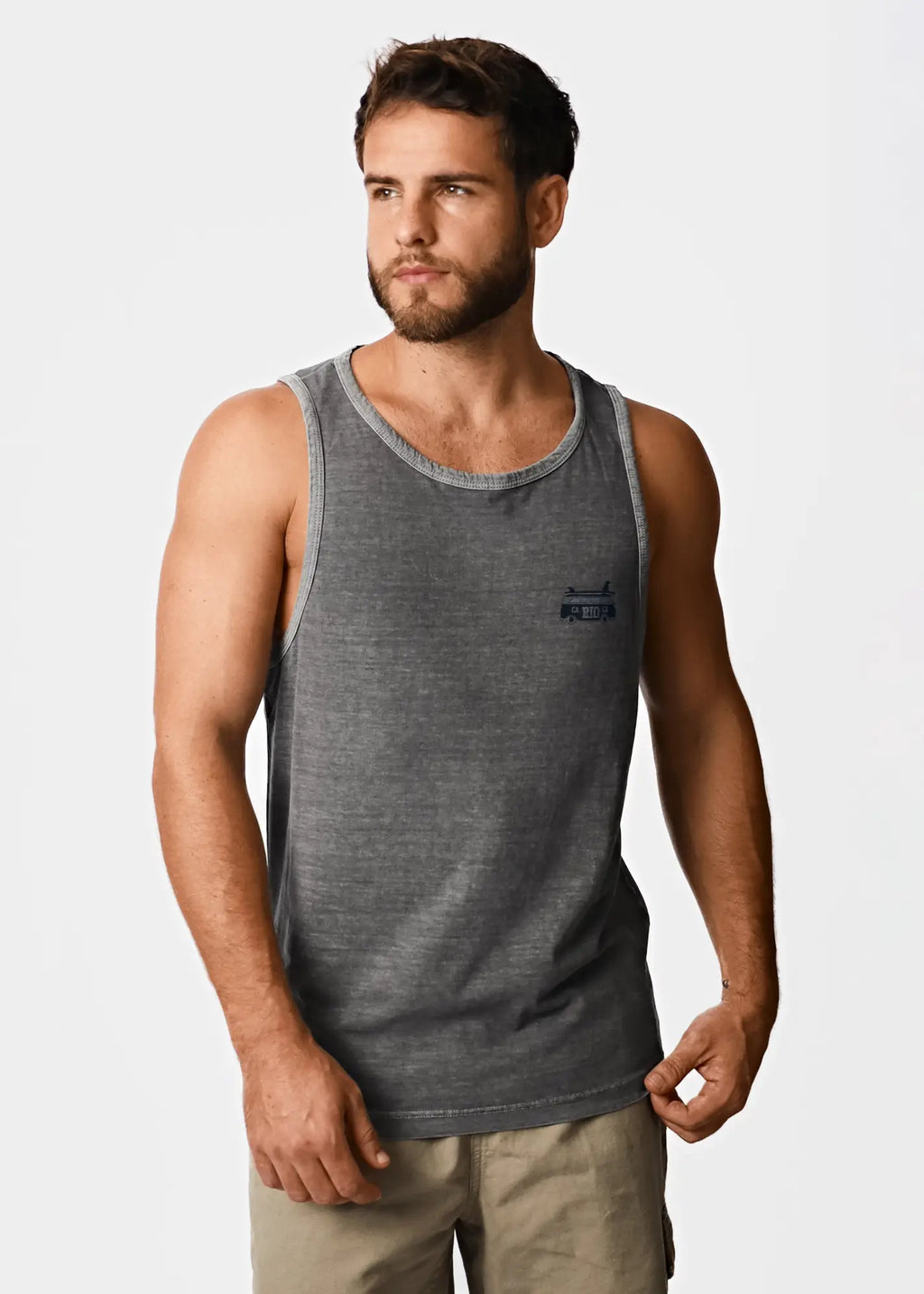 Men’s heather gray sleeveless tank top with ribbed neckline and subtle black logo from ca-rio-ca kombi