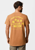 A mustard-yellow cotton men’s t-shirt featuring a vibrant yellow palm trees and vintage van graphic with carioca text