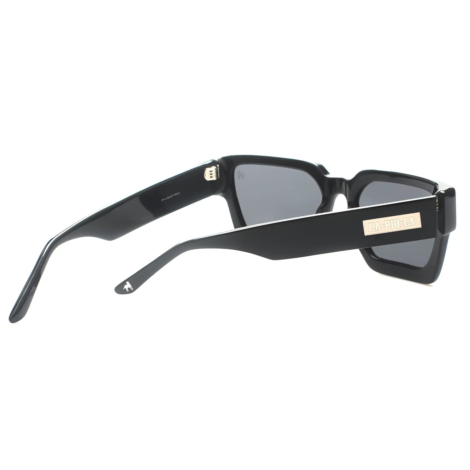 Black rectangular CA-RIO-CA Leblon sunglasses with dark gray lenses and gold-tone brand plaque on the temple