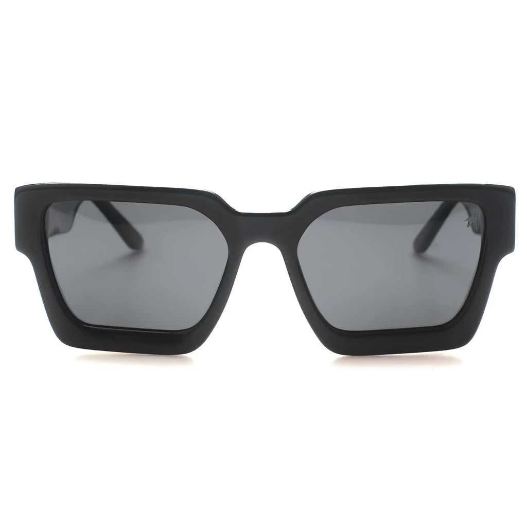Black rectangular ca-rio-ca leblo sunglasses with dark gray lenses and matte finish frame for stylish sun protection