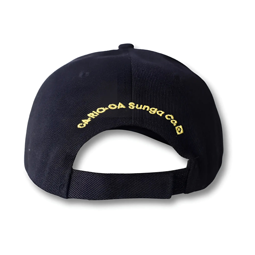 Black baseball cap with gold embroidered carioca sunga co logo on the back in ca-rio-ca logo embroidered hat style