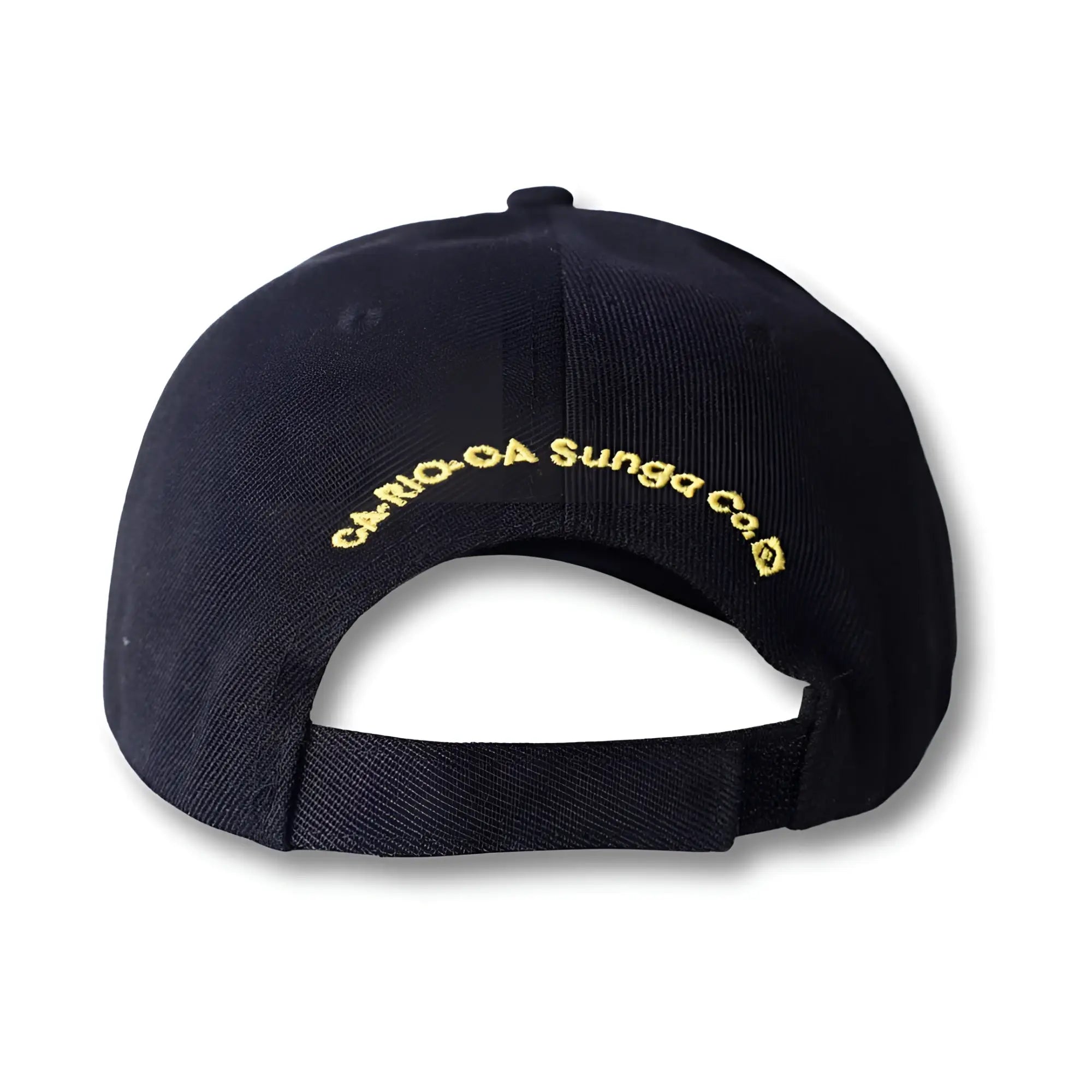 Black baseball cap with gold embroidered carioca sunga co logo on the back in ca-rio-ca logo embroidered hat style