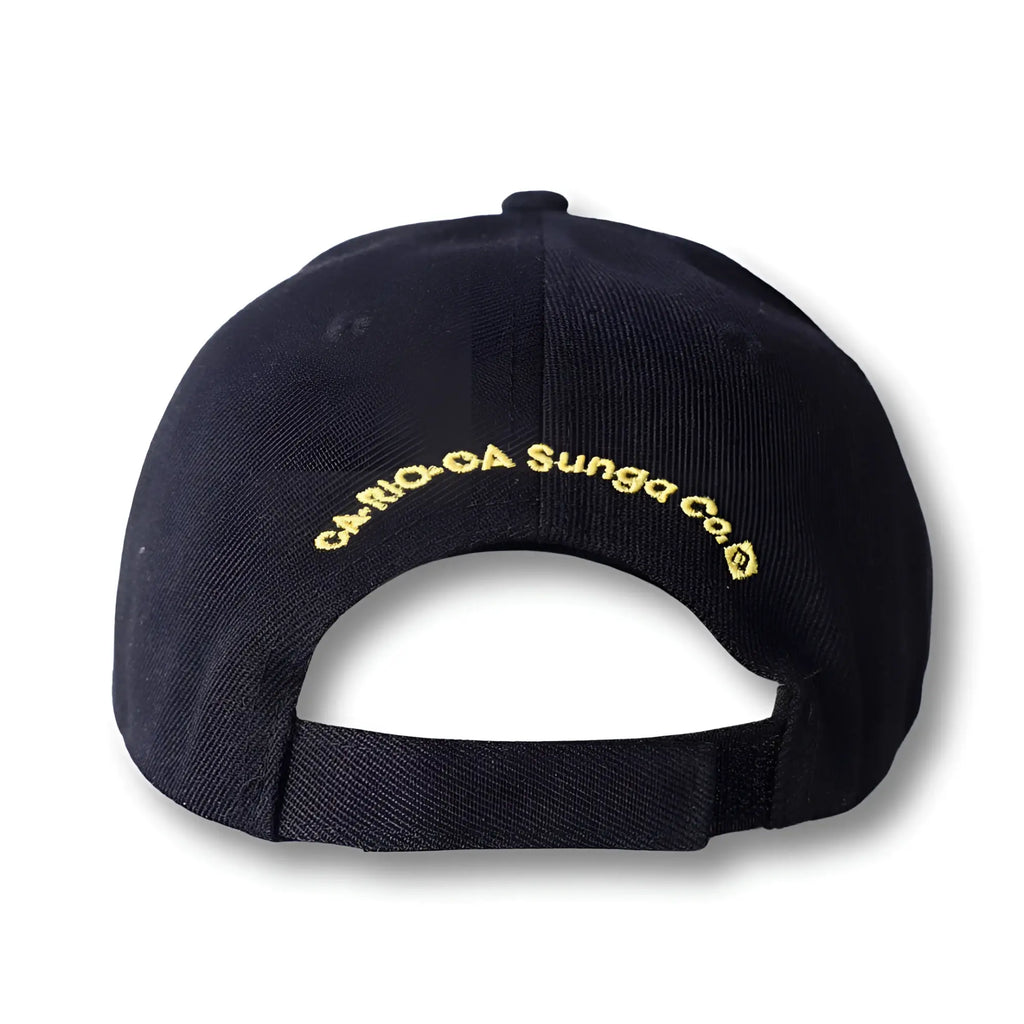 Black ca-rio-ca logo embroidered baseball hat showing the back with gold carioca sunga co embroidered text