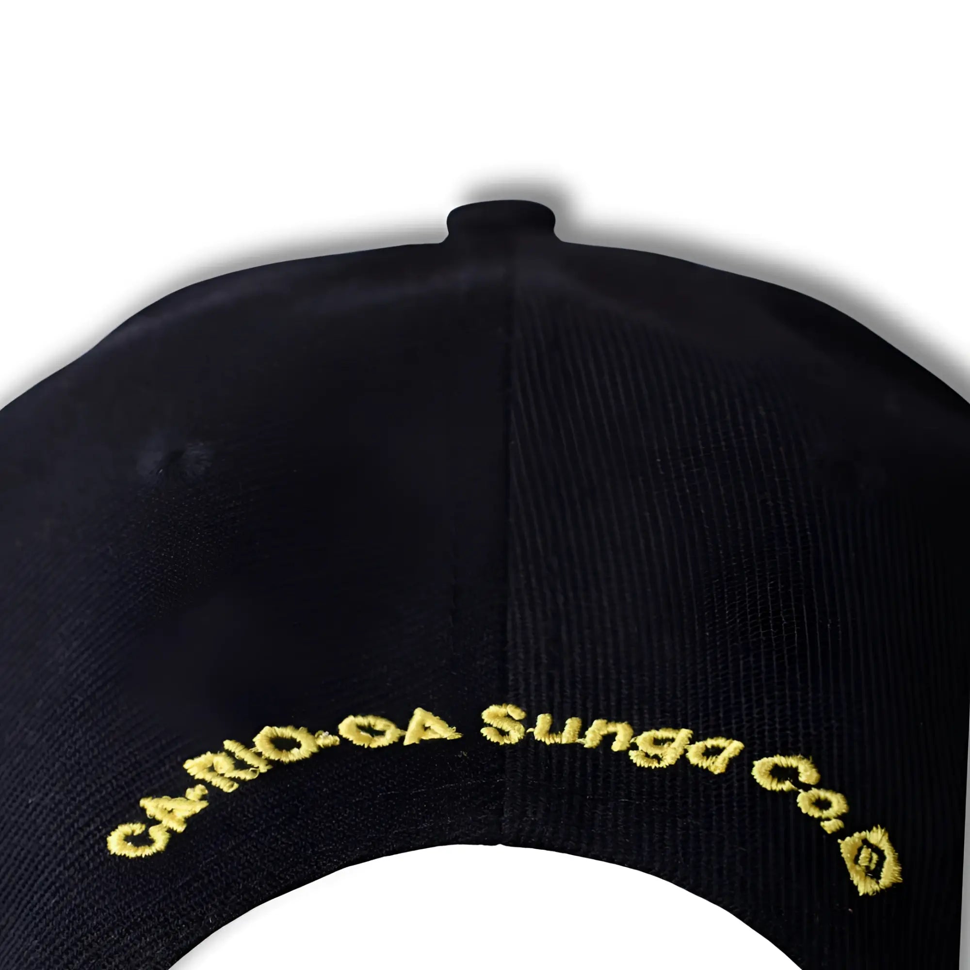 Black baseball hat with gold embroidered carioca sunga co logo along the curved brim in CA-RIO-CA style