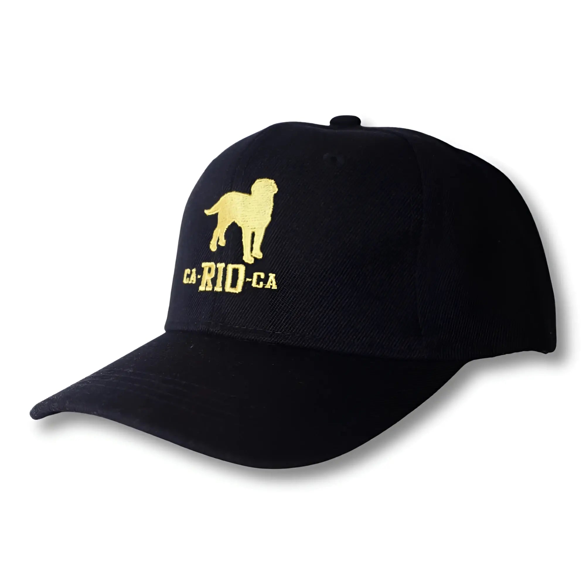 Black baseball cap with gold embroidered ca-rio-ca dog silhouette logo on front for casual wear
