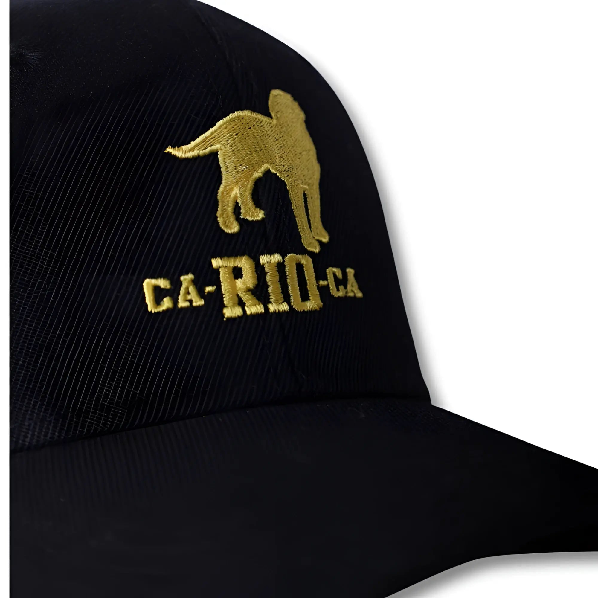 Black baseball cap with gold embroidered dog silhouette and ca-rio-ca text on front in CA-RIO-CA logo design
