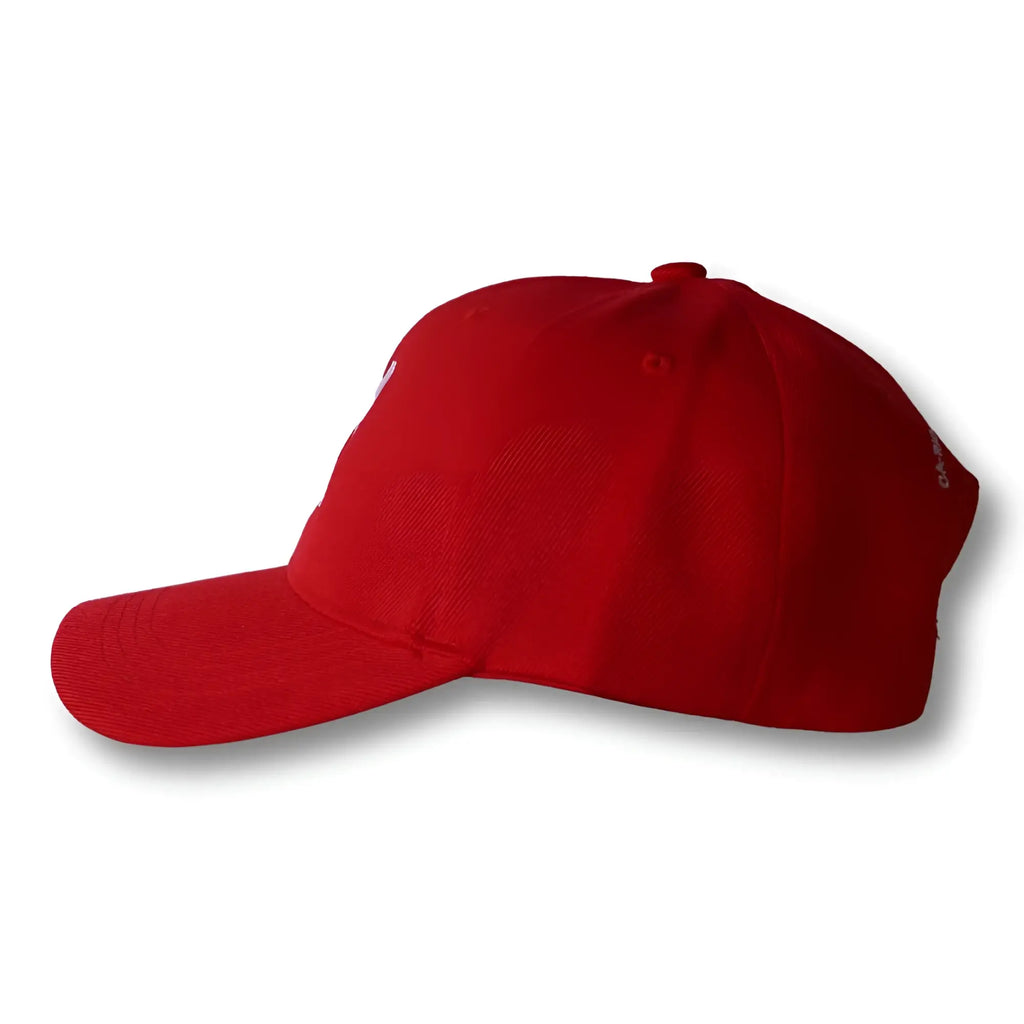 Red baseball hat with curved brim and stitched panels featuring CA-RIO-CA logo embroidery
