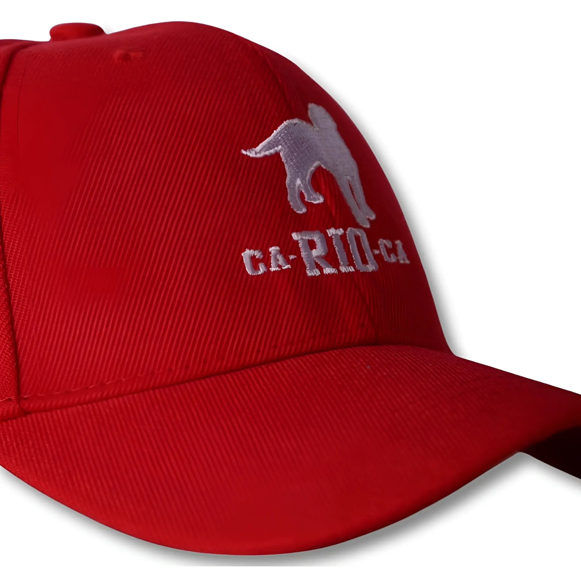Red baseball cap with gray embroidered camel logo and ca-rio-ca text on front for casual wear