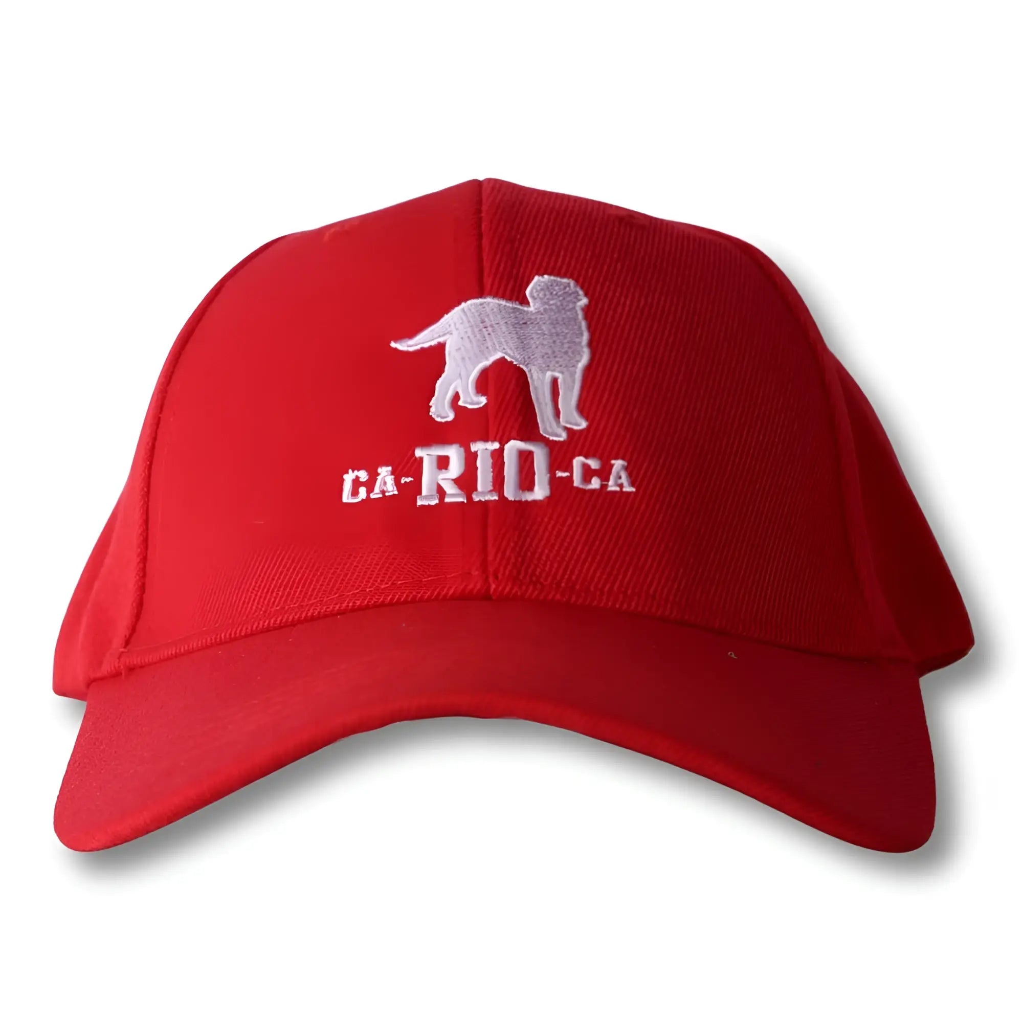 Red baseball cap with white embroidered dog silhouette and ca-rio-ca text on front for casual wear