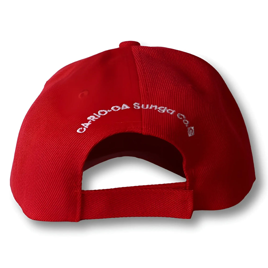 Red cotton ca-rio-ca baseball hat showing white embroidered logo and text on the back side of the cap