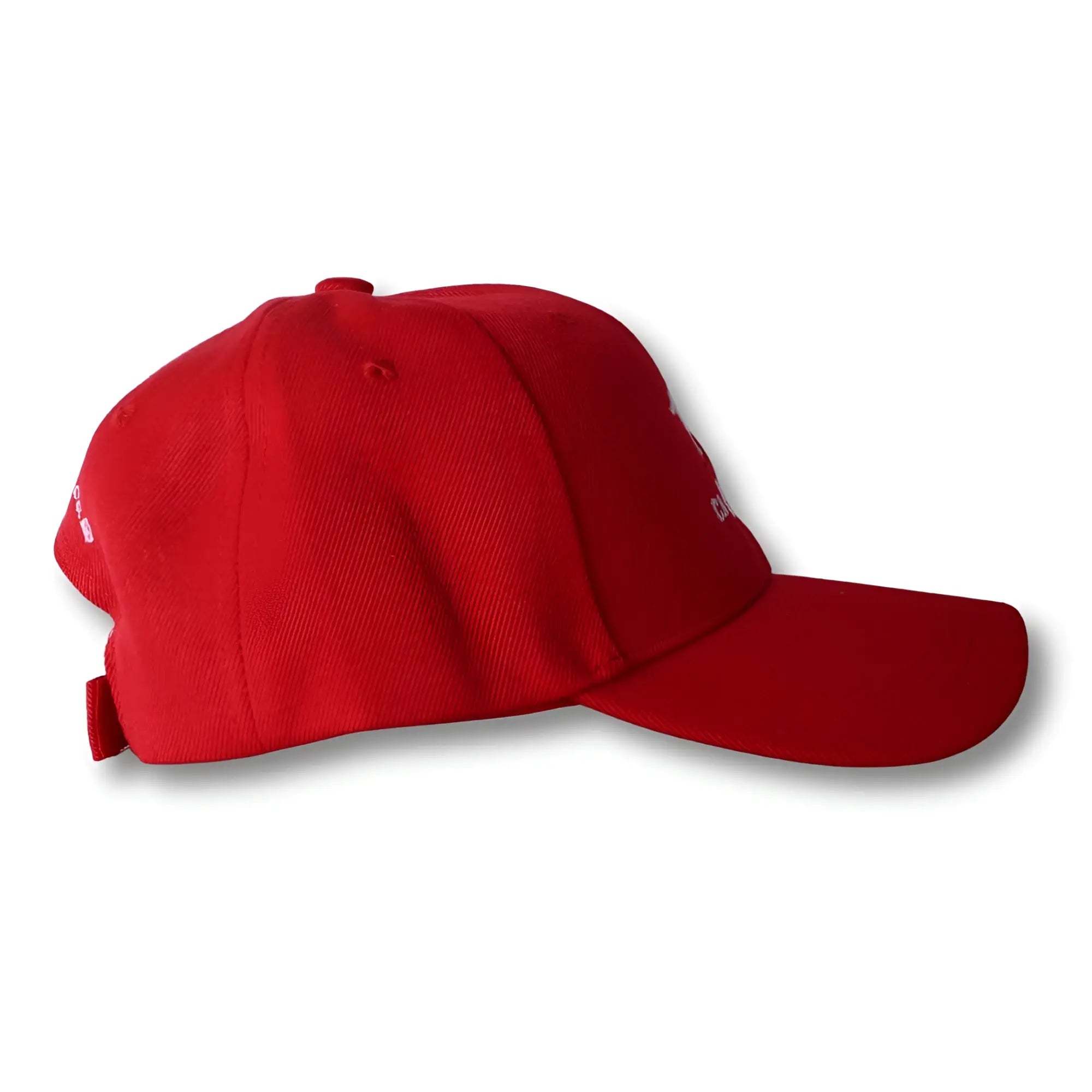 A vibrant red ca-rio-ca logo embroidered baseball hat with structured crown curved brim made of durable fabric