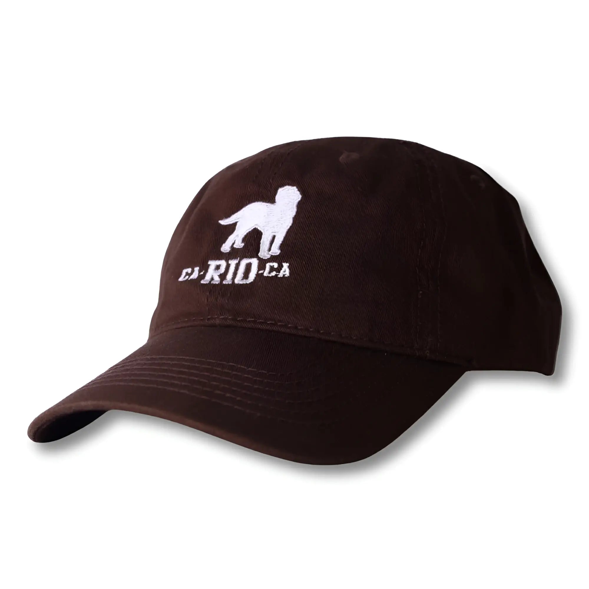 Brown ca-rio-ca logo embroidered designer dad hat featuring a white dog silhouette men’s baseball cap