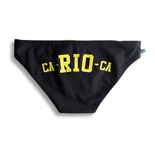 Black men’s swim trunks with bold yellow ca-rio-ca logo across the front for beachwear and swimming