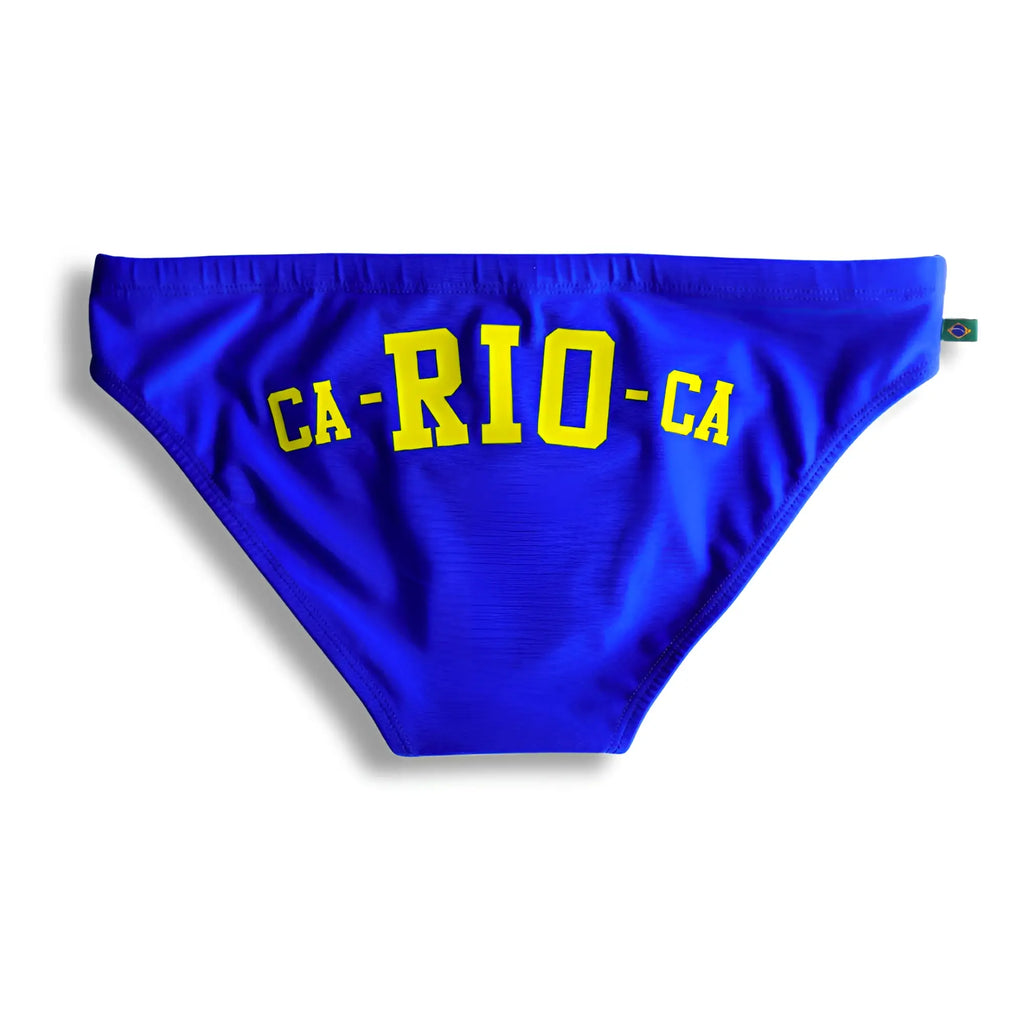 Bright blue men’s swim sunga with bold yellow ca-ri0-ca logo swim bikini for beachwear and swimming