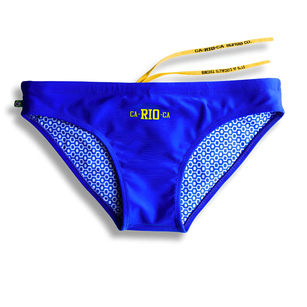 Bright blue ca-rio-ca logo swim bikini with geometric inner lining for men beachwear and swimming sunga