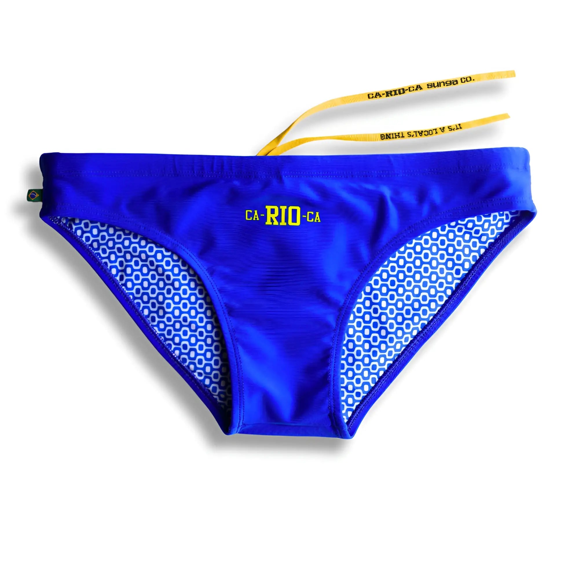 Bright blue ca-rio-ca logo swim bikini with geometric inner lining for men beachwear and swimming sunga