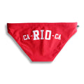 Red men’s athletic swim bikini bottom with white ca-rio-ca logo lettering front for beachwear and swimming