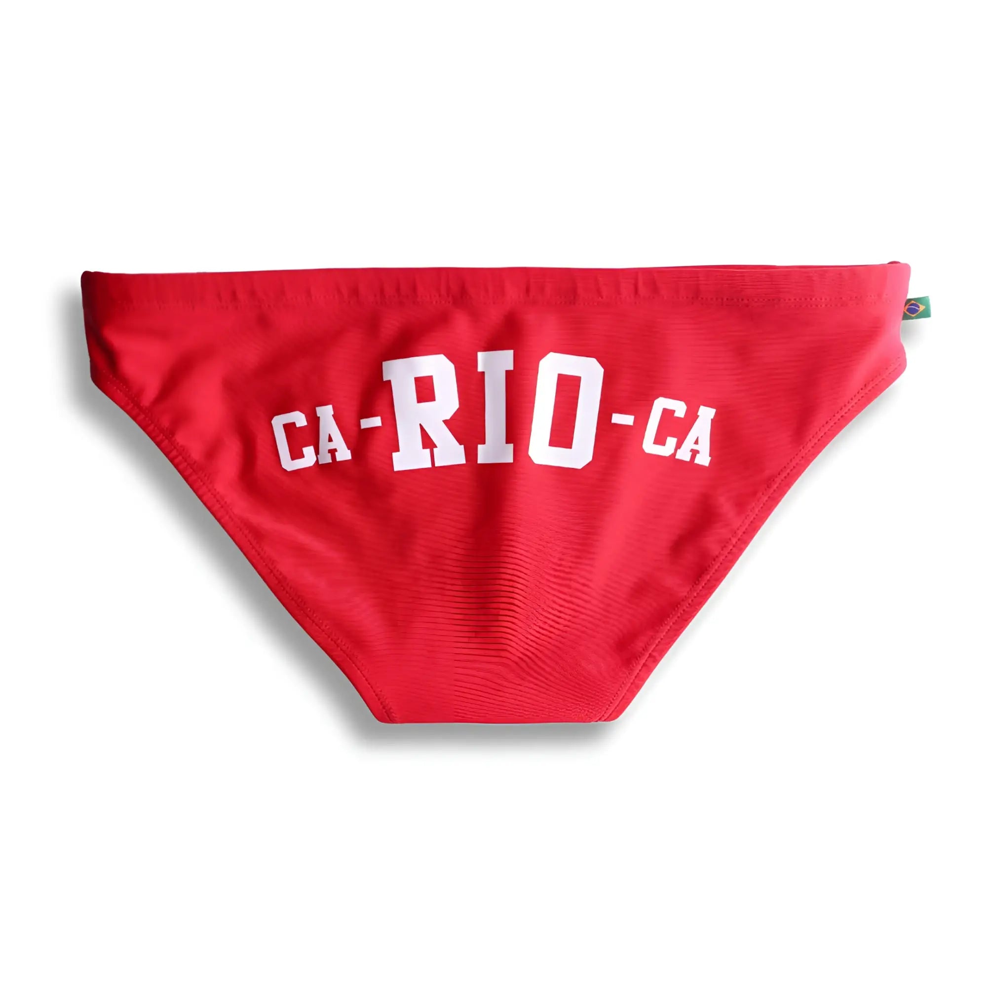Red men’s athletic swim bikini bottom with white ca-rio-ca logo lettering front for beachwear and swimming