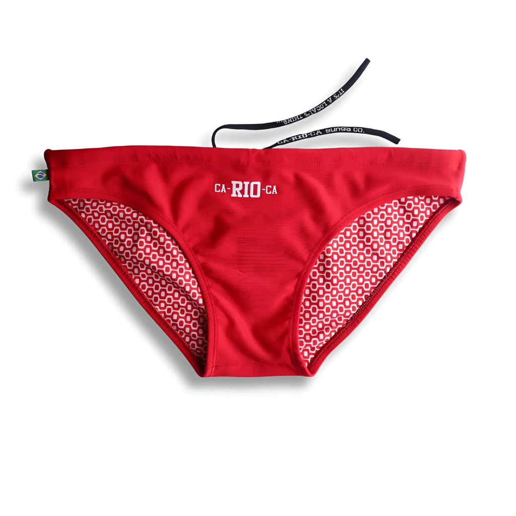 Red bikini bottom swim sunga with white ca-rio-ca logo geometric lining and black drawstrings for men beachwear back view