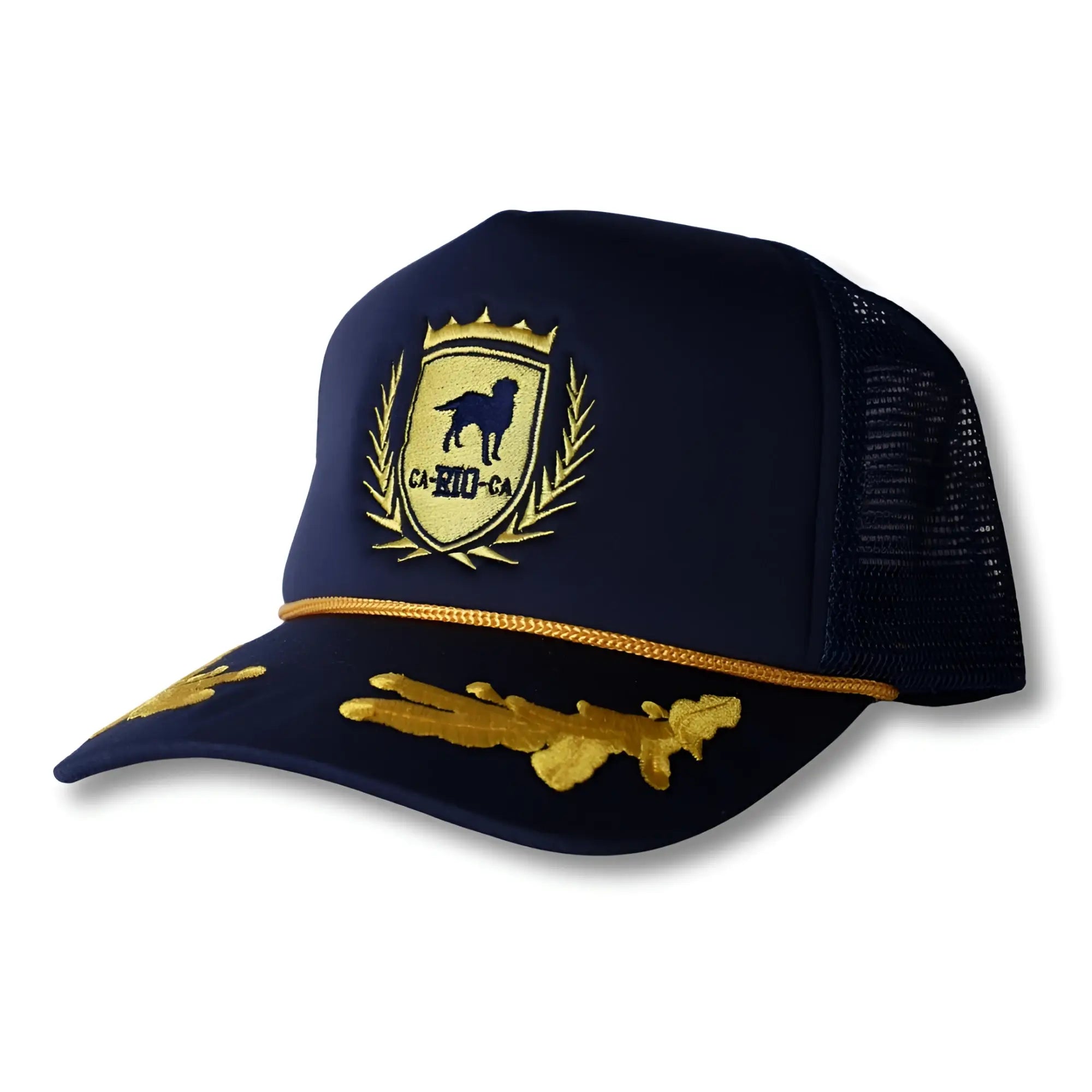 Navy blue ca-rio-ca oak leaf trucker cap with gold embroidered dog shield and golden braided brim trim