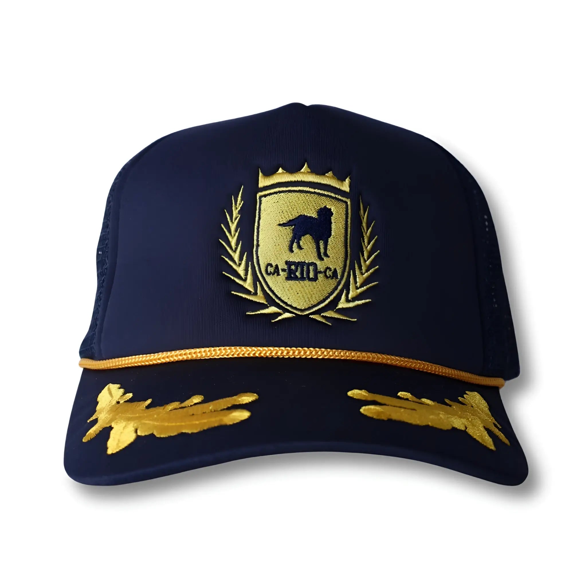 Navy ca-rio-ca captain trucker hat with gold embroidered dog crest laurel wreaths braided trim and wing insignias