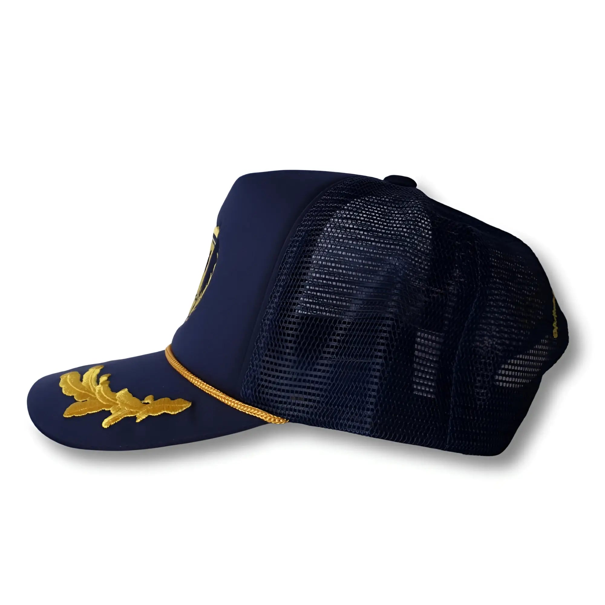 Navy blue ca-rio-ca captain trucker hat with gold embroidered oak leaf and trim for stylish casual wear