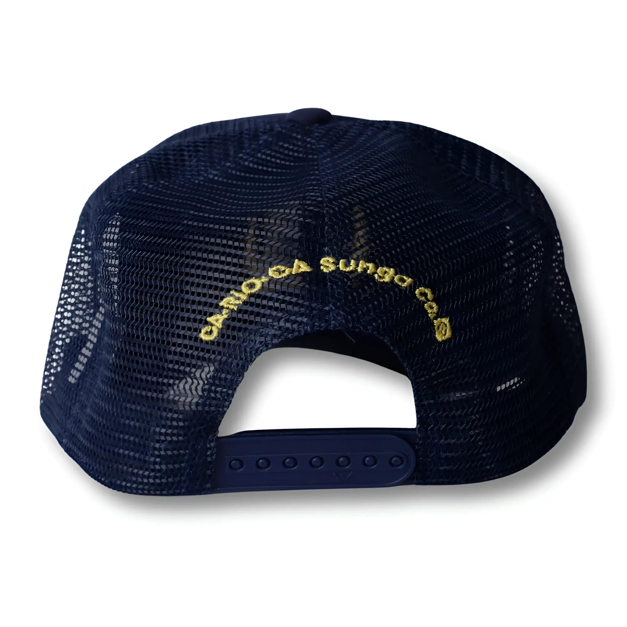 Dark blue mesh oak leaf trucker cap with yellow embroidered text on the back ca-rio-ca navy captain hat